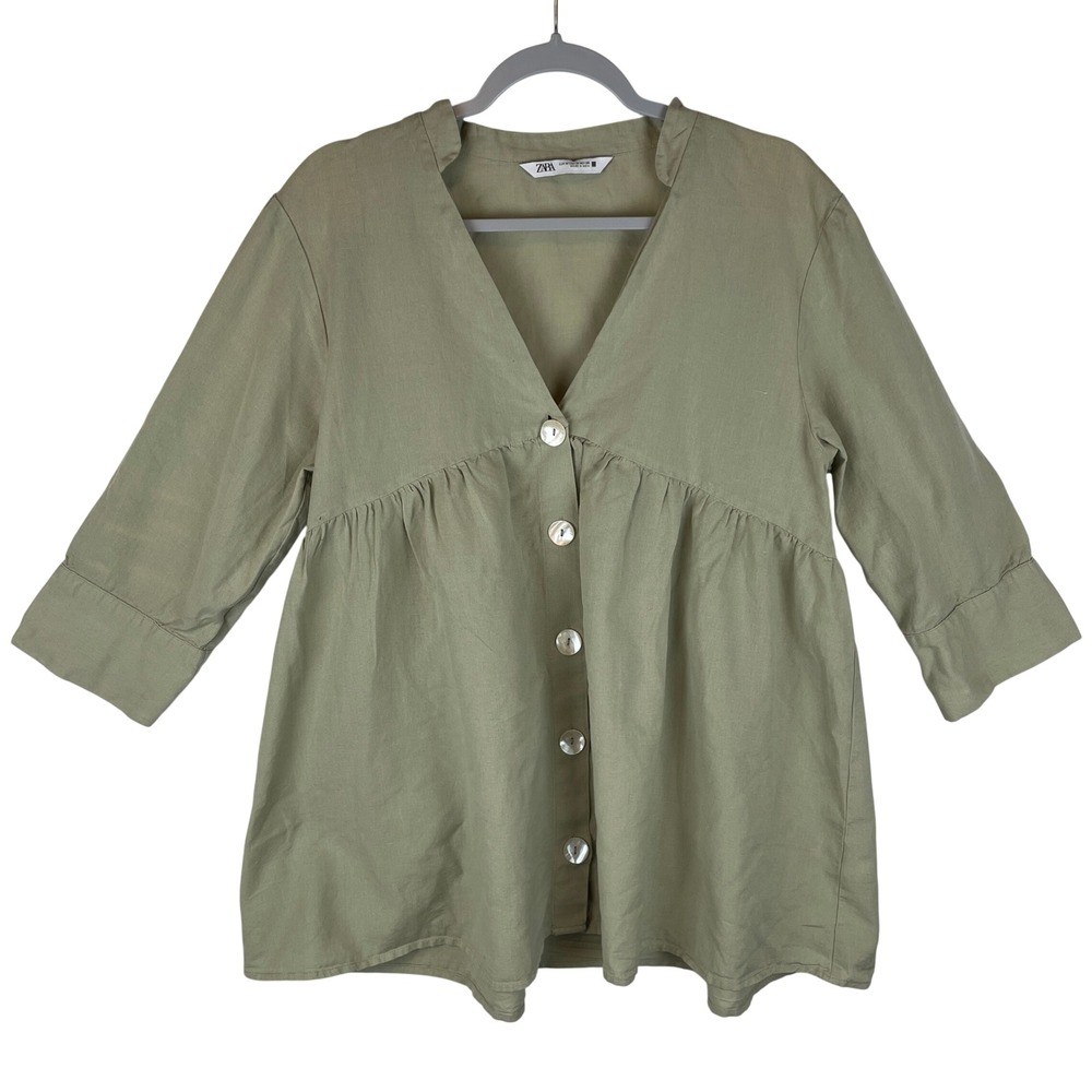 Zara Sage Green Linen Blend Babydoll Button Front Blouse Top Womens Size Medium